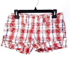 Bongo Cotton Red Plaid Floral Low Rise Rolled Cuffs Button Front Shorts Size 3